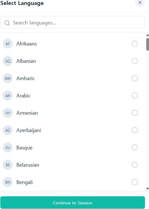 Language selection screen